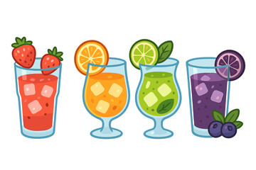 Refreshing summer drinks in colorful glasses with fruit garnishes, ice cubes, and vibrant cartoon illustration on white transparent background