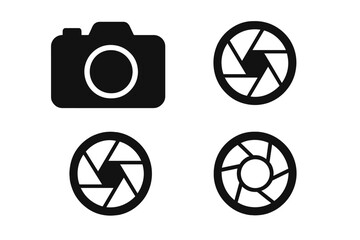Photography camera silhouette icon set with shutter and aperture symbols in flat silhouette style, vector cartoon illustration, transparent background, ordered icons collection