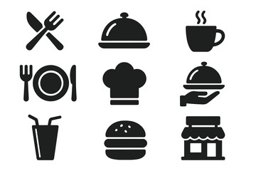Restaurant and Cafe Silhouette Icon Set, Solid Filled Dining and Food Symbols, Vector Cartoon Illustration, Transparent Background, Ordered Set of Classic Food and Beverage Icons