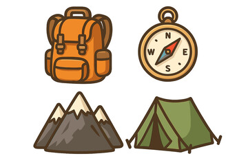 Outdoor adventure icons including backpacks, compass, mountains, and camping tents, hiking gear, nature exploration, camping essentials, travel vector cartoon illustration with transparent background