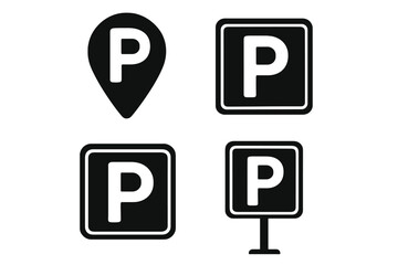 Isolated parking icon vector set, map parking pointer, parking place sign collection, cartoon style parking symbols, transparent background graphic elements for navigation and transport design