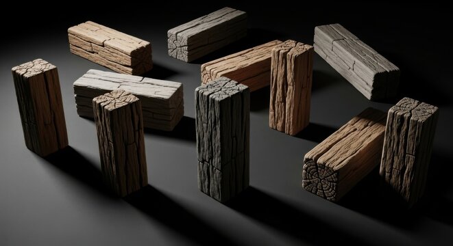 Natural Wooden Blocks Arrangement on Dark Surface with Dramatic Lighting