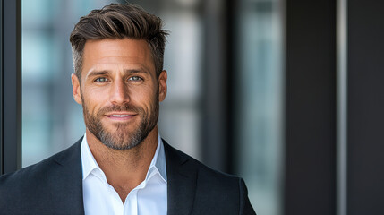 Fototapeta premium Professional man in suit with confident smile, showcasing modern style and elegance