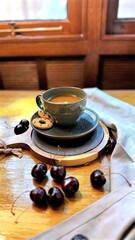 Steaming coffee mug resting on saucer, accompanied by scattered cookies and ripe cherries near sunlit window, evoking warm, leisurely morning atmosphere