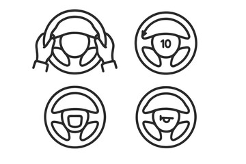 Steering wheel icon set with precise hand positioning, POV view, airbag cover, horn symbol, two-hand grip, and 10-2 hand placement. Vector outline illustration for driving safety and control.