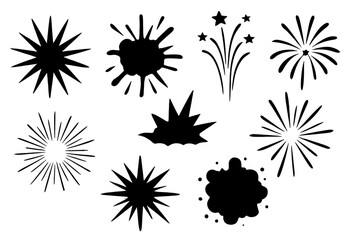 Starburst explosion silhouette icon set. Comic boom splash shapes. Sunburst, fireworks, and energy burst graphic elements. Vector cartoon collection for design elements.