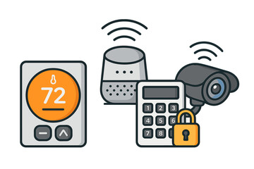 Smart Home Devices Showcase with Modern Technology for Temperature Control, Voice Assistant, Security Camera, and Digital Keypad in Connected Living Environment, Vector Cartoon Illustration