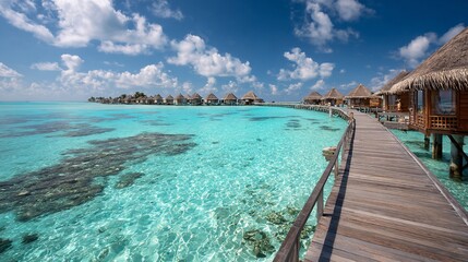 Fototapeta premium Overwater bungalows in turquoise ocean under partly cloudy sky