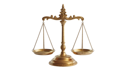 Antique brass balance scale with two empty pans and intricate decorative details isolated on transparent background