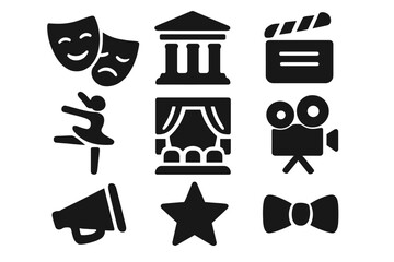 Theater and performance solid icons set with filled drama masks, ballet dancer, stage curtain, cinema camera, clapperboard, megaphone, star, bow tie symbols, vector cartoon illustration