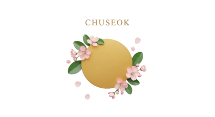 Chuseok celebration design featuring a golden circle surrounded by pink blossoms and green leaves on a white background.