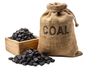 Coal: Burlap Sack & Lump Coal Pile - Energy Resource isolated on white background ,PNG. AI Generated.