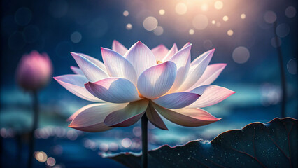 Serene Pink and White Lotus Flower Blooming in Dark Water with Bokeh Lights water lily blossom