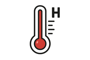 Thermometer icon indicating high temperature with red liquid level and scale, minimalist vector illustration on transparent background, medical and weather symbol design