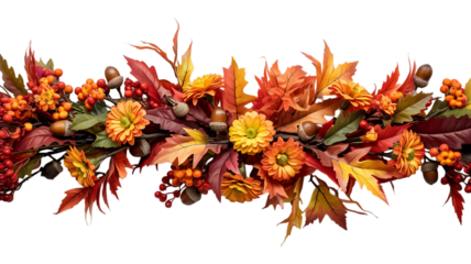 A vibrant and colorful autumn floral arrangement featuring chrysanthemums and fall leaves creating a festive seasonal border isolated on transparent background