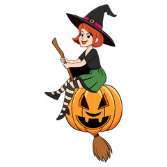Cute Halloween Girl Witch Sitting on Pumpkin with Broomstick Vector Illustration
