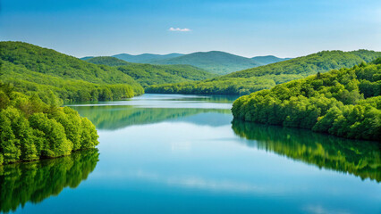 Serene lake reflecting green hills and blue sky on a sunny day water reflection