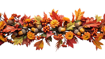 A vibrant and festive autumn garland overflowing with colorful fall leaves berries acorns and pinecones isolated on transparent background