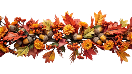 A vibrant and festive autumn garland overflowing with colorful fall leaves berries acorns and pinecones isolated on transparent background