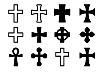 Obraz premium Various Black Cross Symbols Collection, Different Styles of Christian and Religious Crosses on White Background for Design, Decoration, and Vector Illustration Use