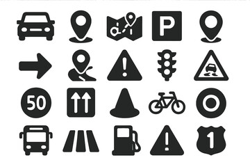 Transportation and road safety icon set, solid vector symbols collection for traffic navigation parking signs and urban transport illustration with transparent background, ordered set 1