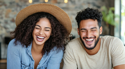 Fototapeta premium Joyful friends laughing together, wearing casual clothing and hat, enjoying moment