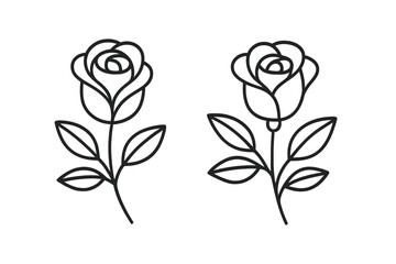 Minimalistic line art of two elegant roses with leaves, simple black and white botanical vector illustrations perfect for floral design, decoration, and nature-themed projects