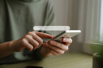 Close up of person's hands using a smartphone with finger touching screen in soft natural light