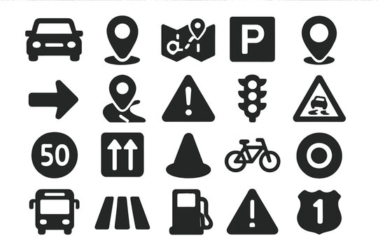 Transportation and road safety icon set, solid vector symbols collection for traffic navigation parking signs and urban transport illustration with transparent background, ordered set 1