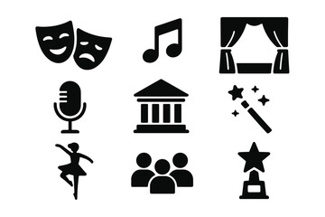 Theater and performance solid icon set, artistic entertainment symbols collection, vector cartoon illustration with transparent background, ordered icon set of drama, music, dance, stage, and awards