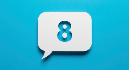 White speech bubble with the number 8 cut out on a blue background.