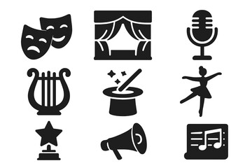 Theater and Performance Icon Set, Artistic Entertainment Symbols Collection, Vector Cartoon Illustration, Drama Masks, Stage, Microphone, Music, Dance, Magic, Awards, Sound, Ballet