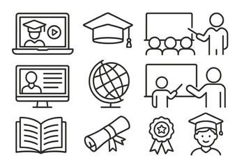 Various educational icons representing online learning, traditional classrooms, global education, diploma certificates, and student achievements in a clean line art vector style