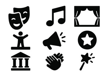 Theater and performing arts solid icon set, drama, music, stage entertainment symbols, vector cartoon illustration with transparent background, creative arts design elements, icon collection