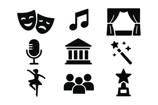 Theater and performance solid icon set, artistic entertainment symbols collection, vector cartoon illustration with transparent background, ordered icon set of drama, music, dance, stage, and awards
