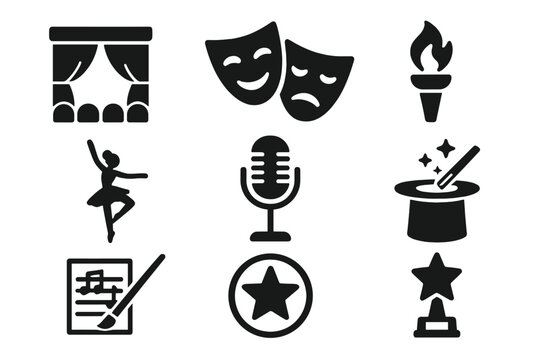 Theater and performance solid icon set, artistic entertainment symbols collection, vector cartoon illustration with transparent background, drama, acting, stage, culture icons, order 3
