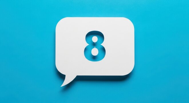 White speech bubble with the number 8 cut out on a blue background.