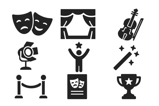 Theater and Performance Solid Icon Set, Artistic Entertainment Symbols Collection, Vector Cartoon Illustration with Transparent Background, Drama, Music, Stage, Award, Magic, Spotlight, Violin
