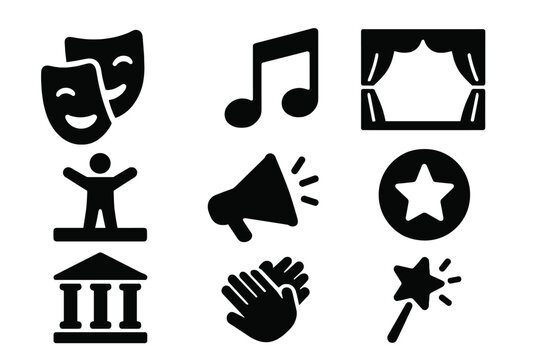 Theater and performing arts solid icon set, drama, music, stage entertainment symbols, vector cartoon illustration with transparent background, creative arts design elements, icon collection