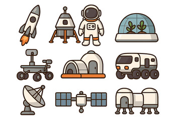 Various Space Exploration Icons Featuring Rocket, Lunar Module, Astronaut, Rover, Habitats, Dome Greenhouse, Satellite, and Communication Equipment for Future Missions