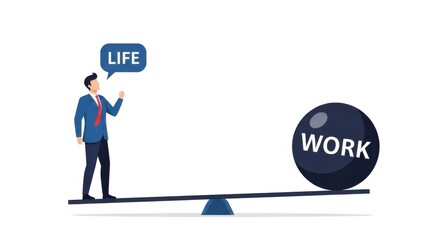 A businessman stands on a seesaw, with a large ball labeled "WORK" on the other side, illustrating the concept of work-life balance.