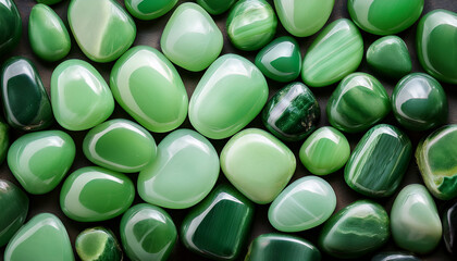 shiny polished jadeite gemstones top view image closeup light green natural mineral pebbles collection close up photography astrological healing stones concept photo realistic