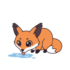 Fox Drinking from Puddle in Nature