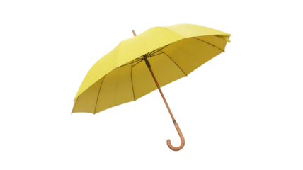 A bright yellow umbrella with a curved wooden handle is isolated on a transparent background ready for use in any weather isolated on transparent background