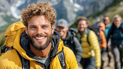 Smiling hiker yellow jacket leads group mountain trail, showcasing adventure and camaraderie