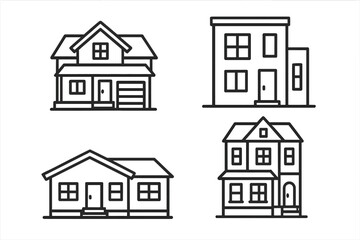 Fototapeta premium Various styles of residential houses outlined in simple black lines, showcasing diverse architectural designs and home concepts, vector cartoon illustration with transparent background