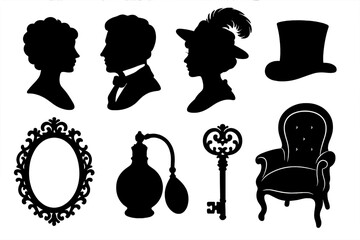 Victorian silhouette icons set vintage decorative antique design symbols vector cartoon illustration transparent background elegant classic ornate elements collection