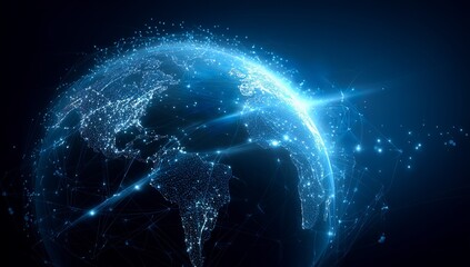 Digital World Map with Connected Network and Light Effects