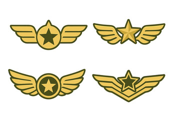 Military wing badge with star icon, army wings symbol, aviation emblem, pilot insignia, air force decoration, vector cartoon illustration, transparent background, army wings collection