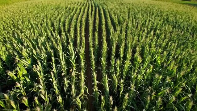 Green Fields of Promise: An aerial perspective captures rows of verdant corn stalks in a cultivated field, evoking images of growth, abundance, and agricultural prowess.